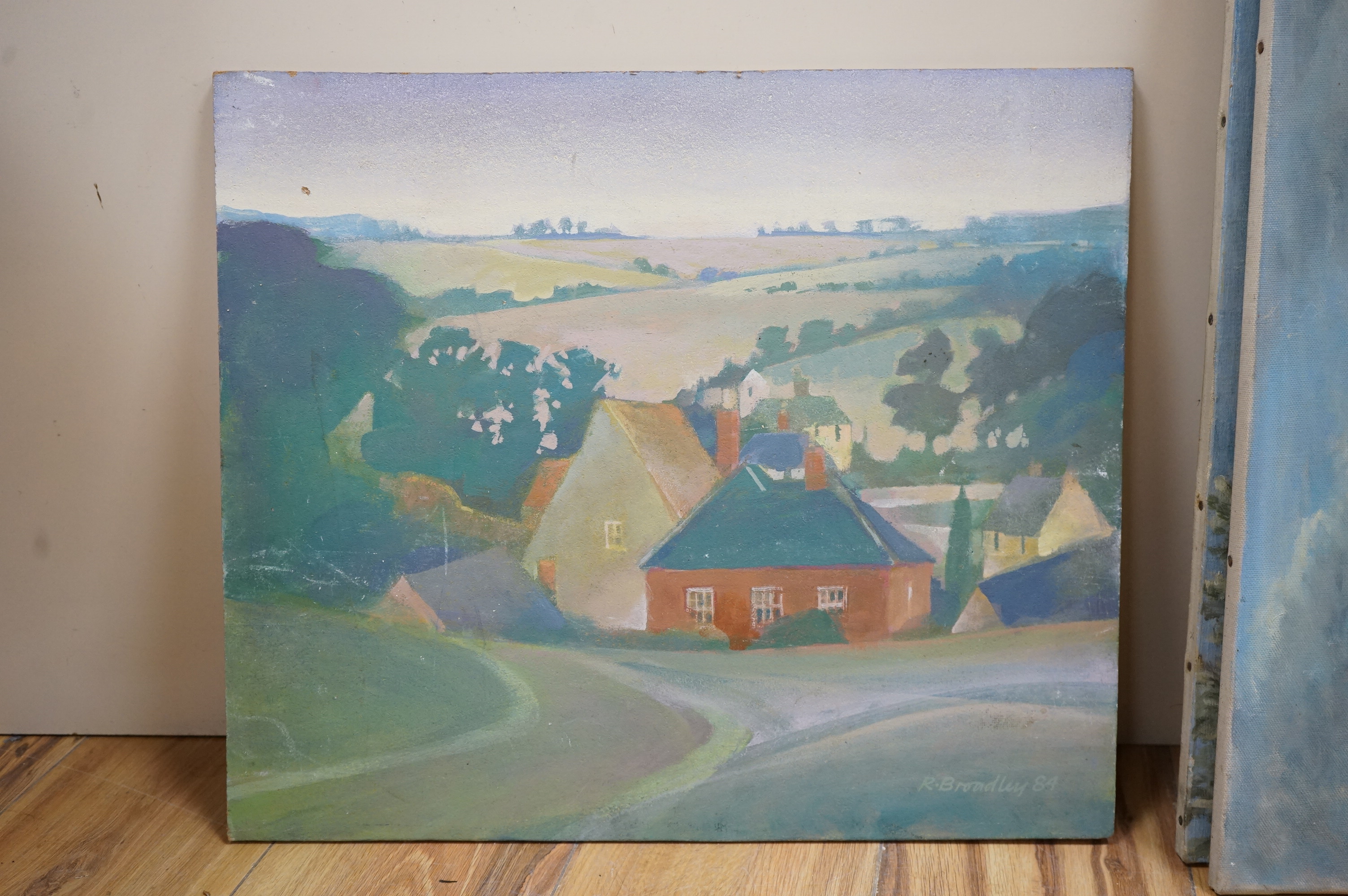 R. Bradley, village scene, signed, oil on board, unframed, 41 x 47cm
